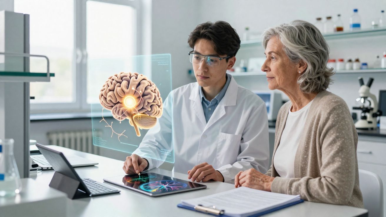 Médico explica funcionamento do cérebro a paciente sénior numa consulta num laboratório moderno.