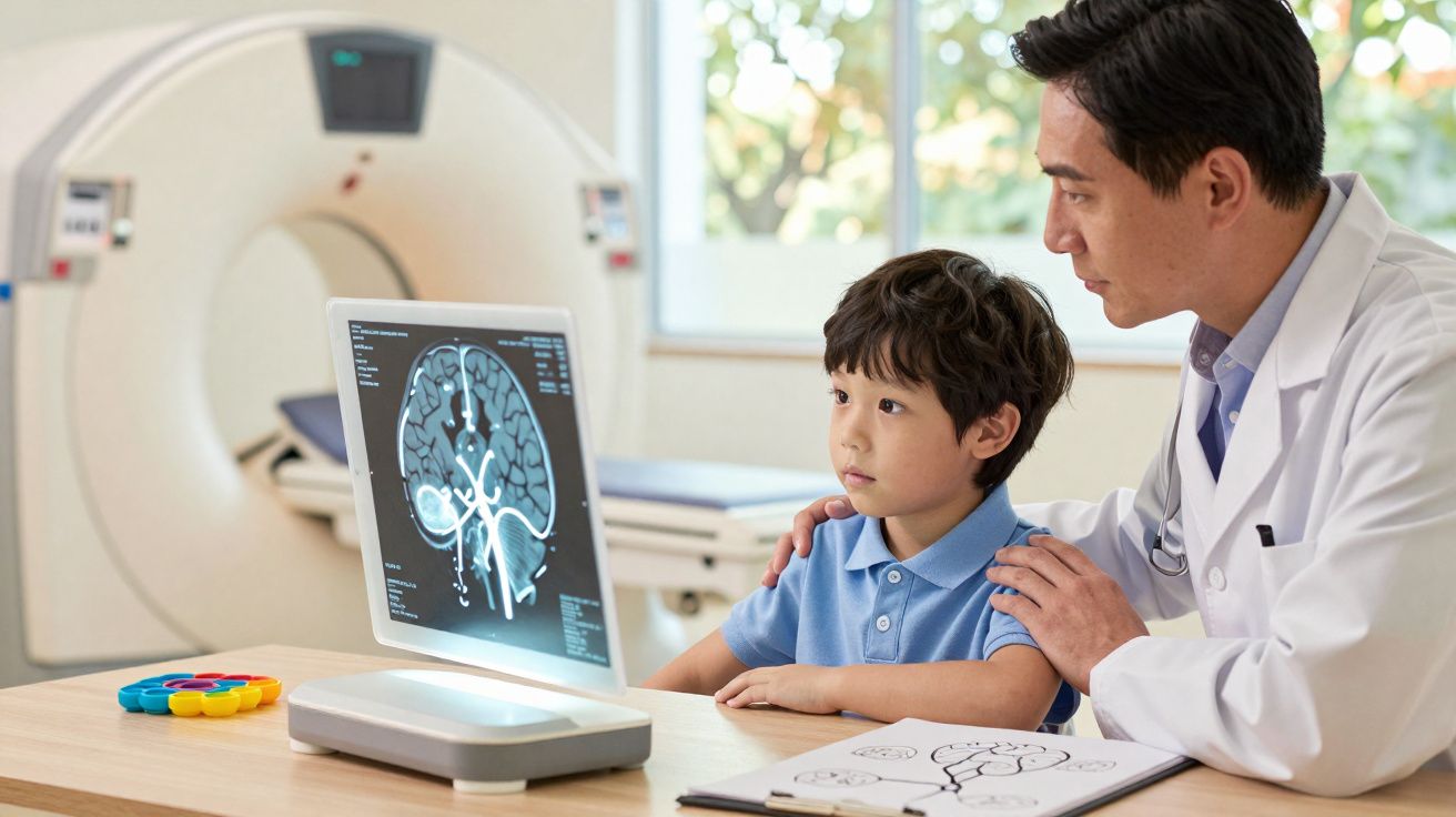 Médico mostra imagem de cérebro em ecrã digital a criança numa consulta num ambiente clínico.