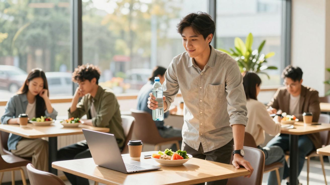 Jovem em restaurante com garrafa de água, prato de salada e portátil, outras pessoas a comer ao fundo.