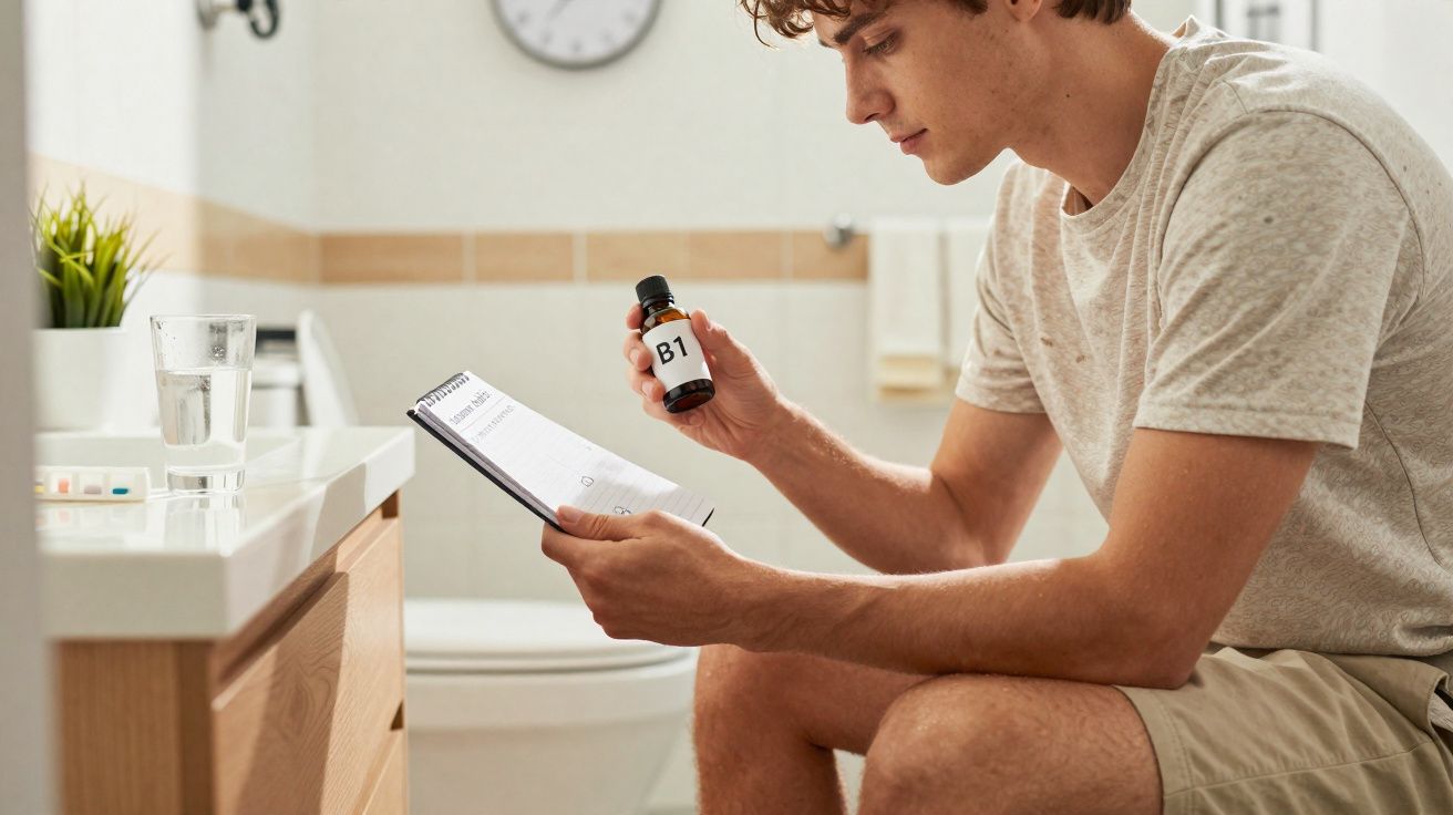 Homem sentado na casa de banho a ler bula e segurar frasco de vitamina B1.