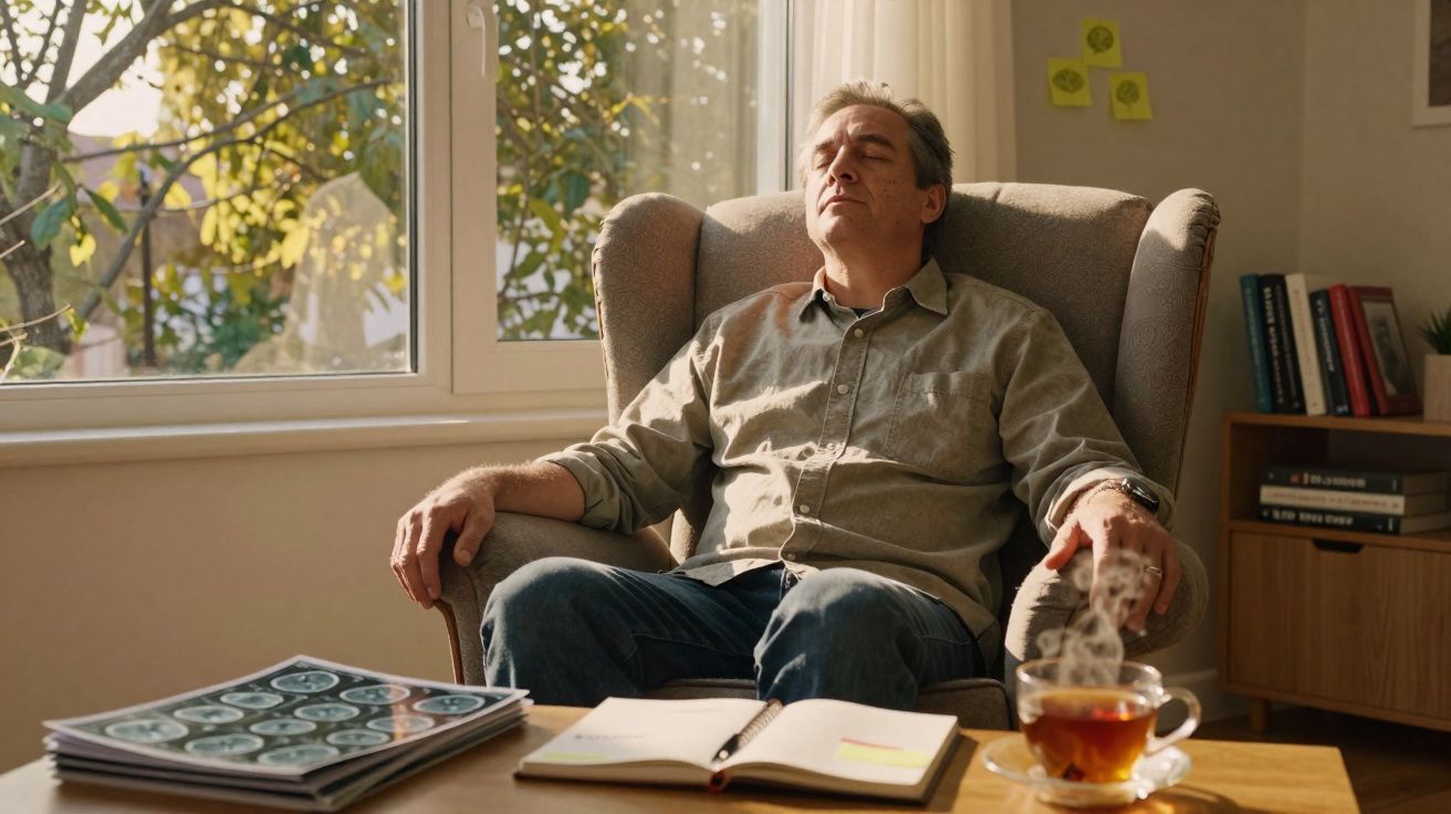Homem sentado numa poltrona confortável, com os olhos fechados, a relaxar junto a uma chávena de chá fumegante.