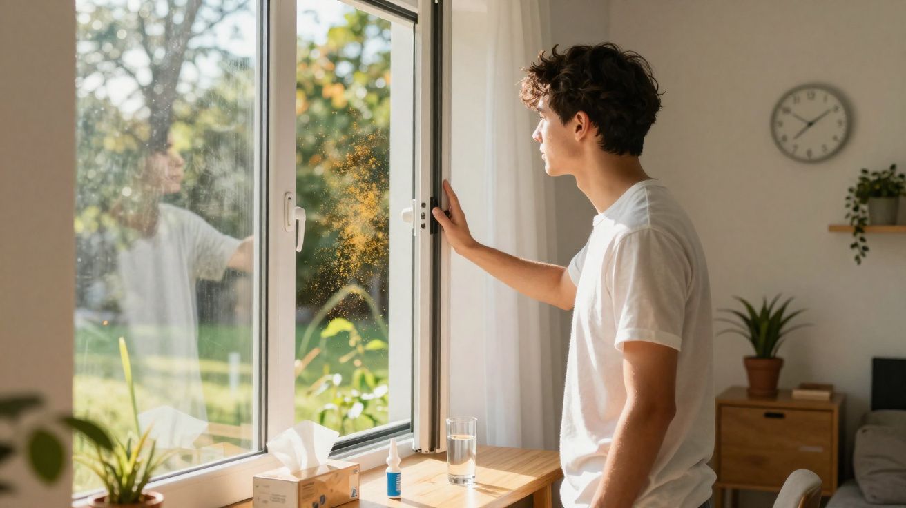 Jovem abre janela para arejar o quarto iluminado por luz natural durante o dia.