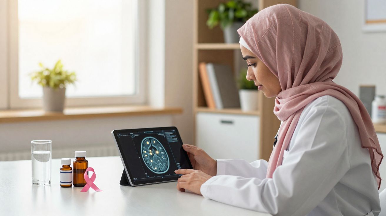 Médica muçulmana a analisar imagens cerebrais num tablet, com medicamentos e laço rosa numa mesa iluminada.
