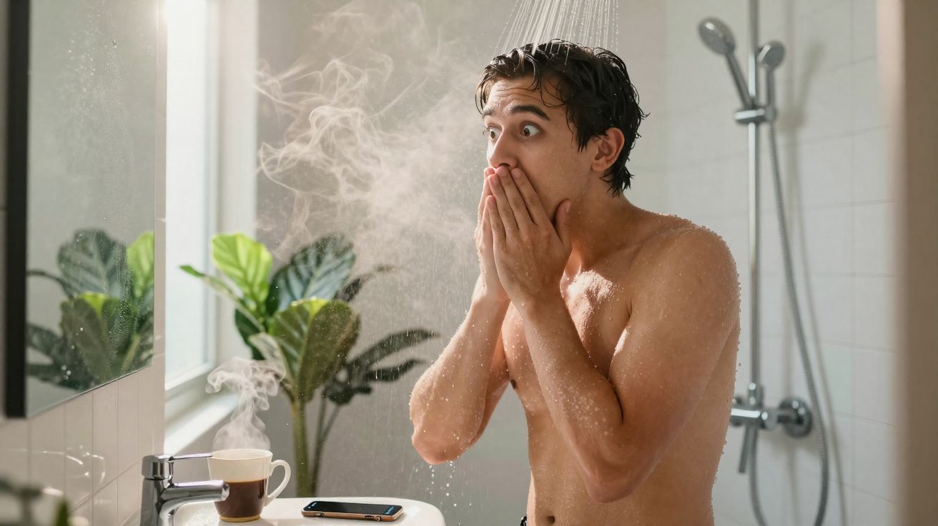 Homem surpreendido com vapor quente saindo de uma chávena na casa de banho enquanto está no duche.
