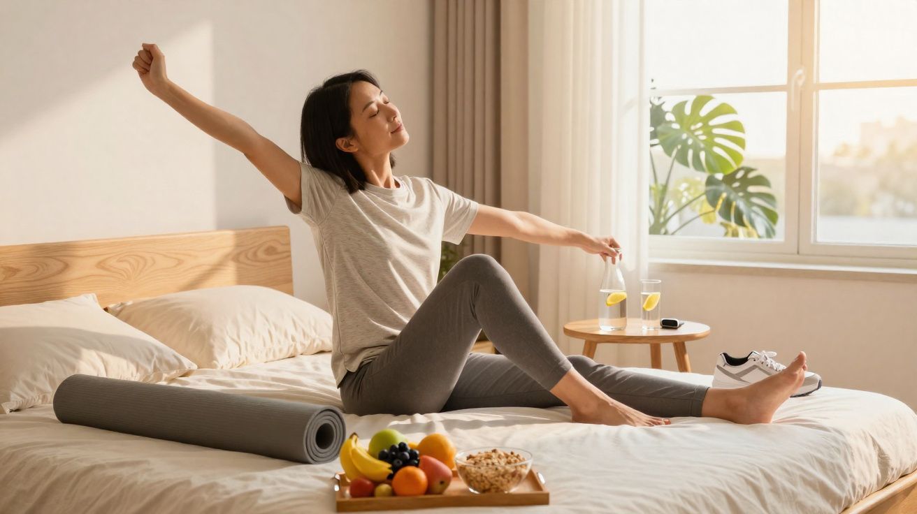 Mulher a espreguiçar-se sentada na cama com bandeja de frutas e maçaneta de vidro na mesa junto à janela.