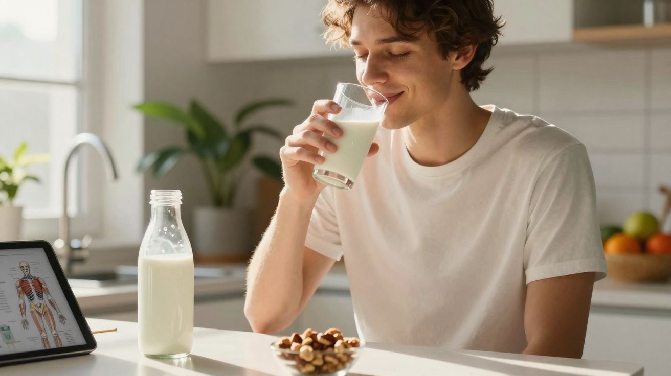 Jovem a beber um copo de leite na cozinha moderna, com garrafa de leite, tablet e taça de frutos secos na mesa.