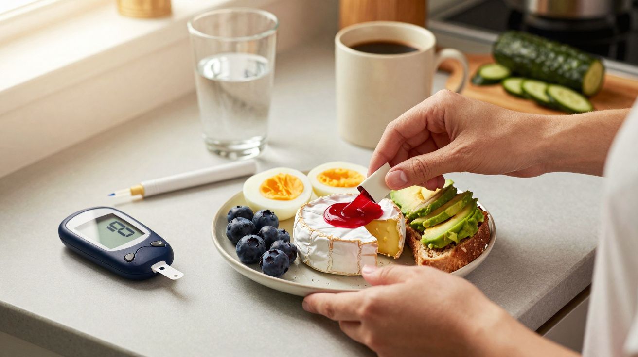 Pessoa a aplicar sangue em tira de teste junto a prato com queijo, ovos, mirtilos e abacate, copo de água e café.