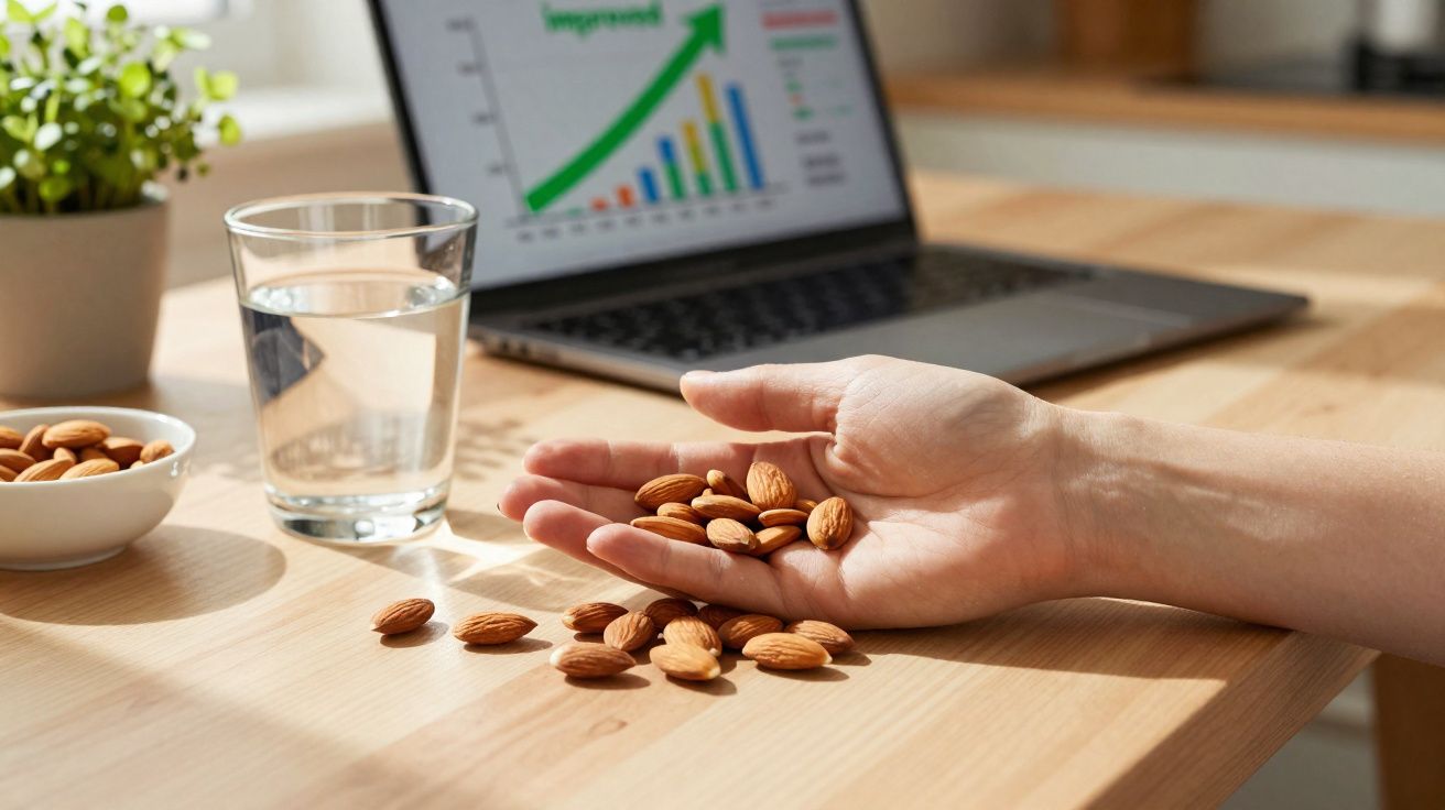 Mão com amêndoas sobre mesa de madeira, copo de água, tigela de amêndoas e portátil com gráfico em fundo desfocado.
