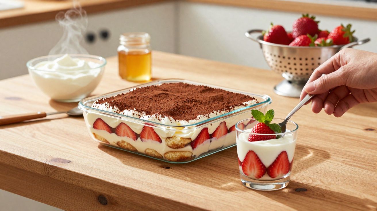 Tigela com sobremesa de morangos, natas e cacau em pó, junto a copo servido com sobremesa e morango.