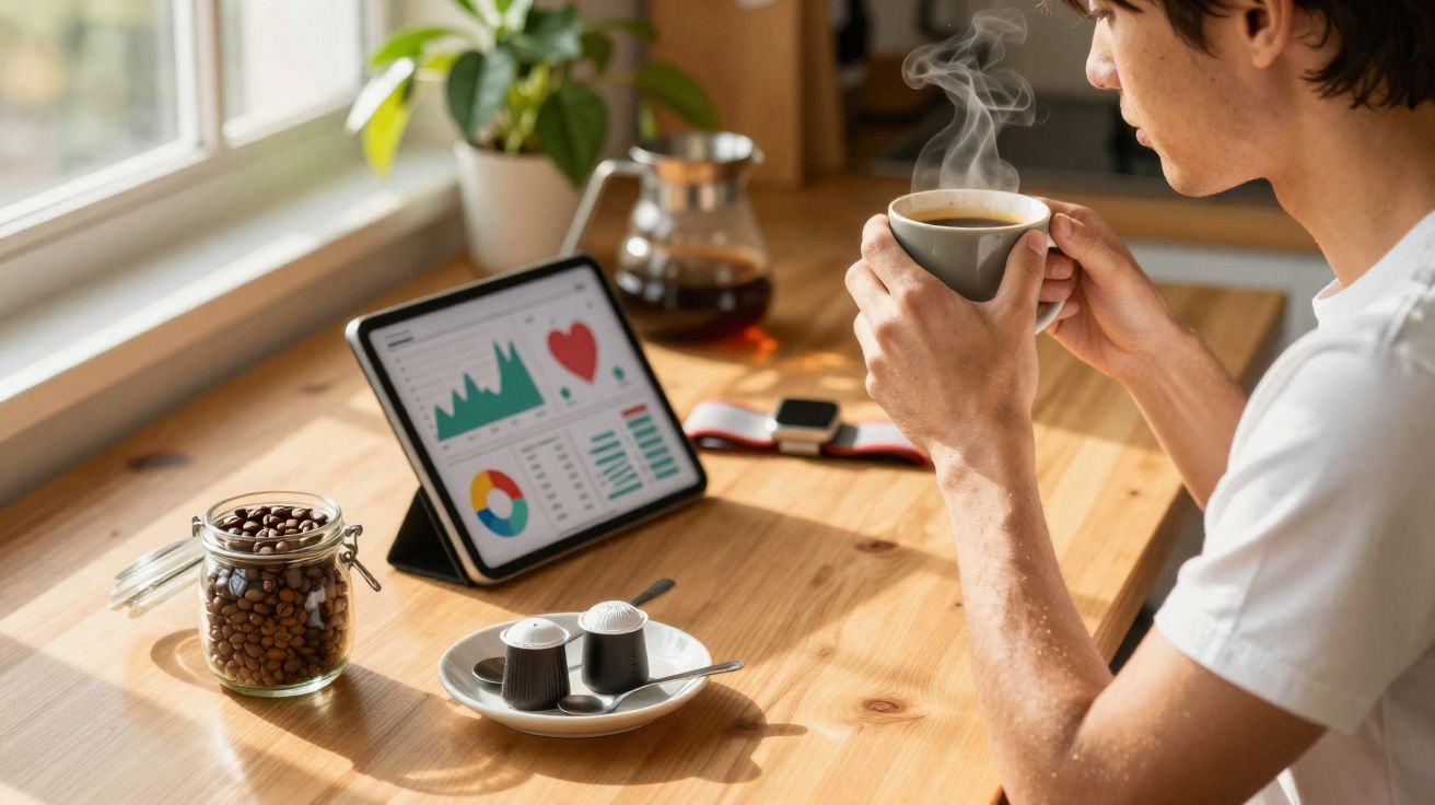 Pessoa a segurar chávena de café fumegante junto a tablet com gráficos num ambiente luminoso e moderno.