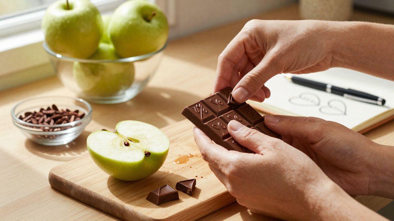 Mãos a segurar quadrado de chocolate, maçã cortada ao meio, mais maçãs e castanhas numa taça.