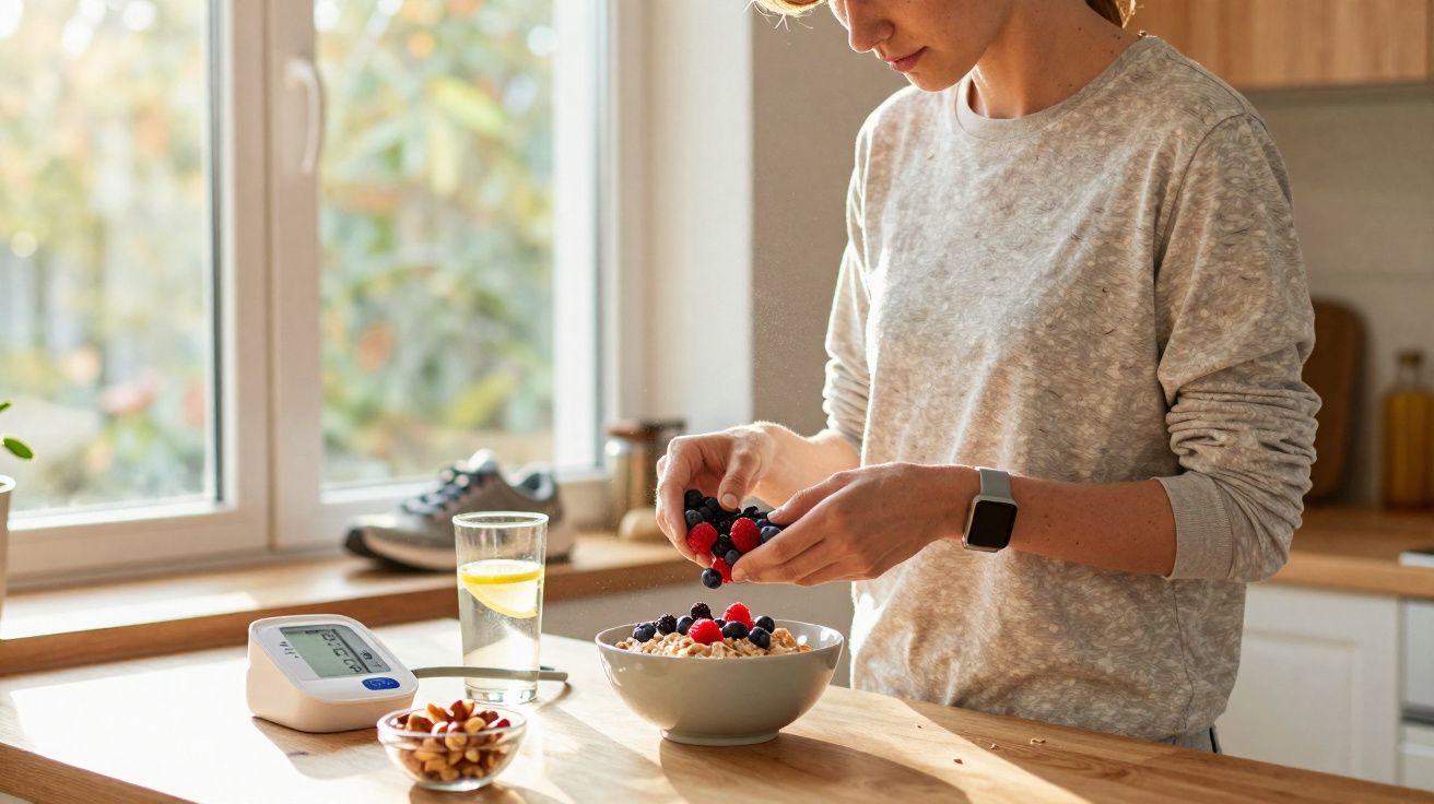 Mulher a preparar taça de aveia com frutos vermelhos numa cozinha iluminada e saudável.