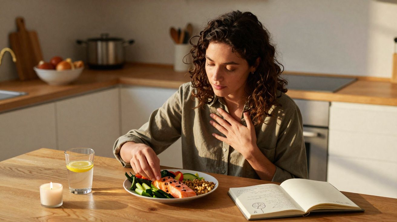 Mulher a jantar salmão com legumes numa mesa com vela acesa e livro aberto numa cozinha luminosa.