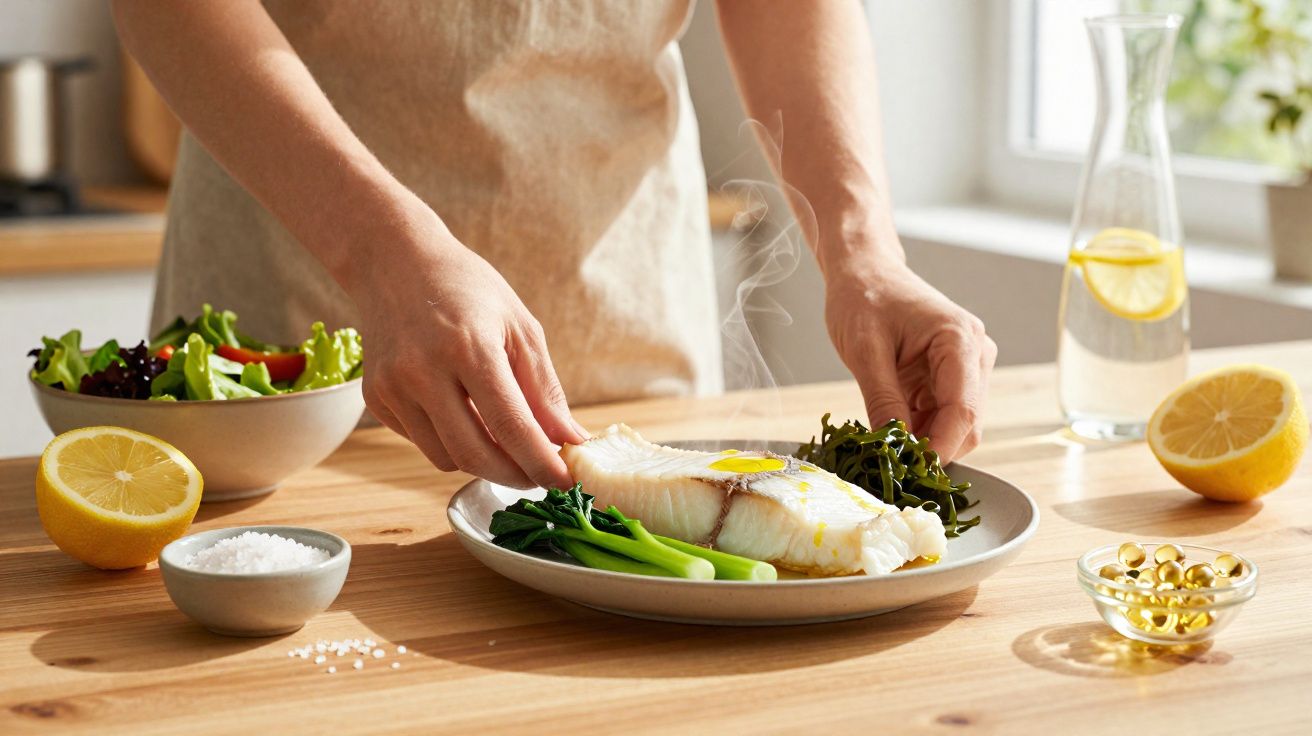 Pessoa a preparar prato com peixe cozido, legumes e salada numa cozinha iluminada.