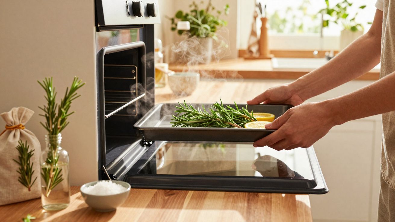 Pessoa a tirar tabuleiro com alecrim e limão do forno numa cozinha iluminada.
