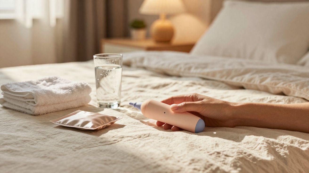 Pessoa a segurar termómetro digital numa cama com toalhas, toalhete e copo de água ao lado.