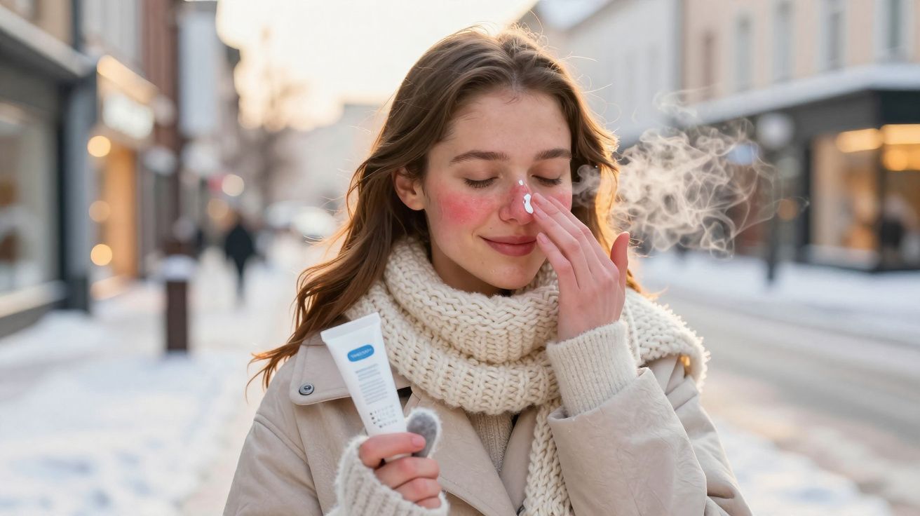 Mulher com cachecol e casaco aplica creme no nariz num dia frio de inverno na rua com neve.
