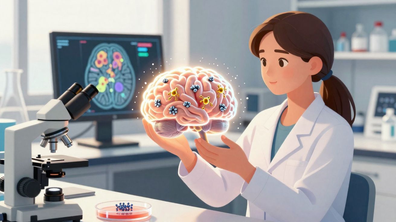 Cientista em laboratório analisa modelo do cérebro com microrganismos virtuais em mãos.