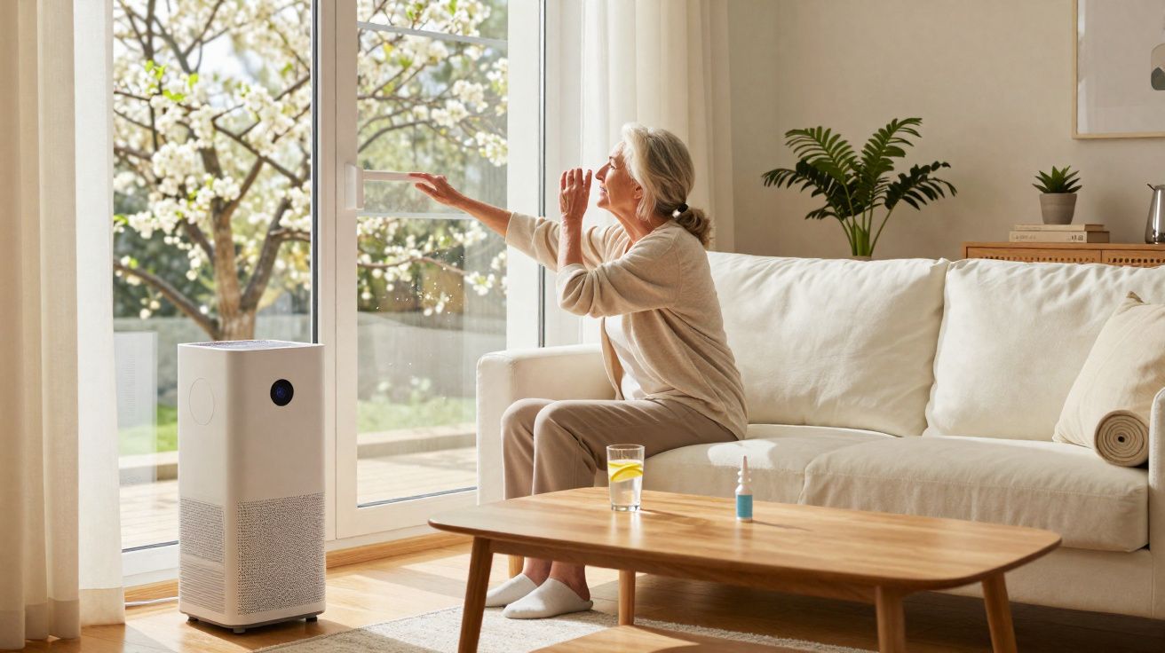 Mulher idosa sentada no sofá, abrindo a janela para arejar a sala iluminada e com purificador de ar ao lado.