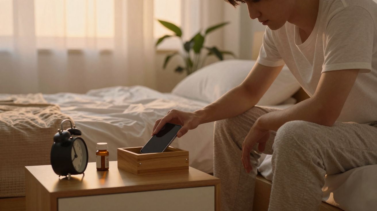 Pessoa a guardar telemóvel numa caixa de madeira numa mesa junto à cama, com despertador e frasco de comprimidos.