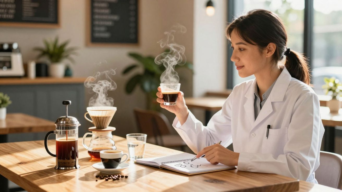 Mulher com bata branca prova café quente numa mesa com vários métodos de preparação de café.