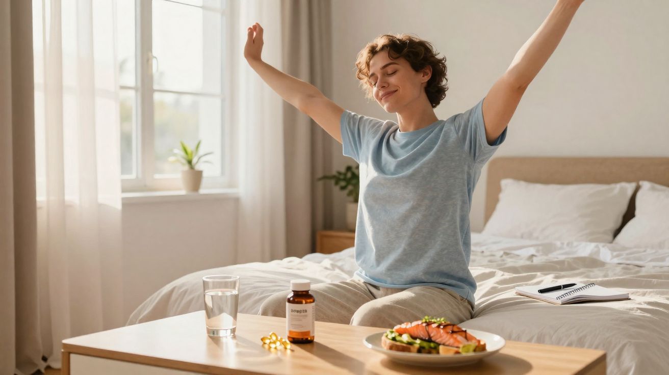 Mulher sentada na cama a espreguiçar-se ao amanhecer com mesa à frente com comida, cápsulas e água.