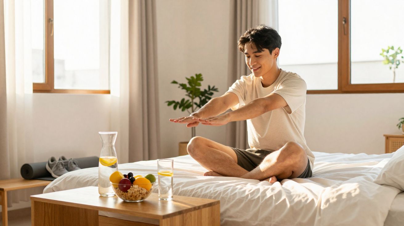 Homem a fazer alongamentos sentado na cama em quarto iluminado, com fruta e água numa mesa à frente.