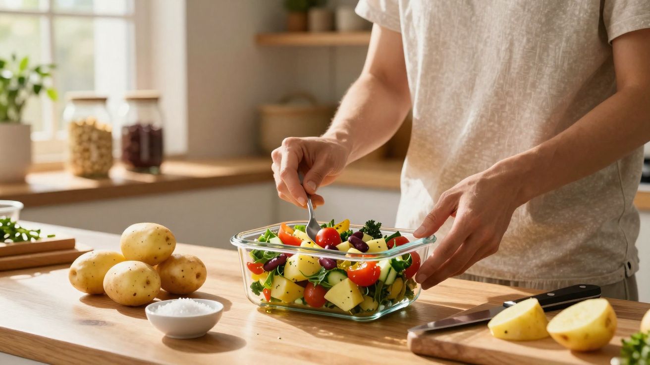 Pessoa a preparar salada com batatas, tomate cherry e azeitonas numa cozinha iluminada.
