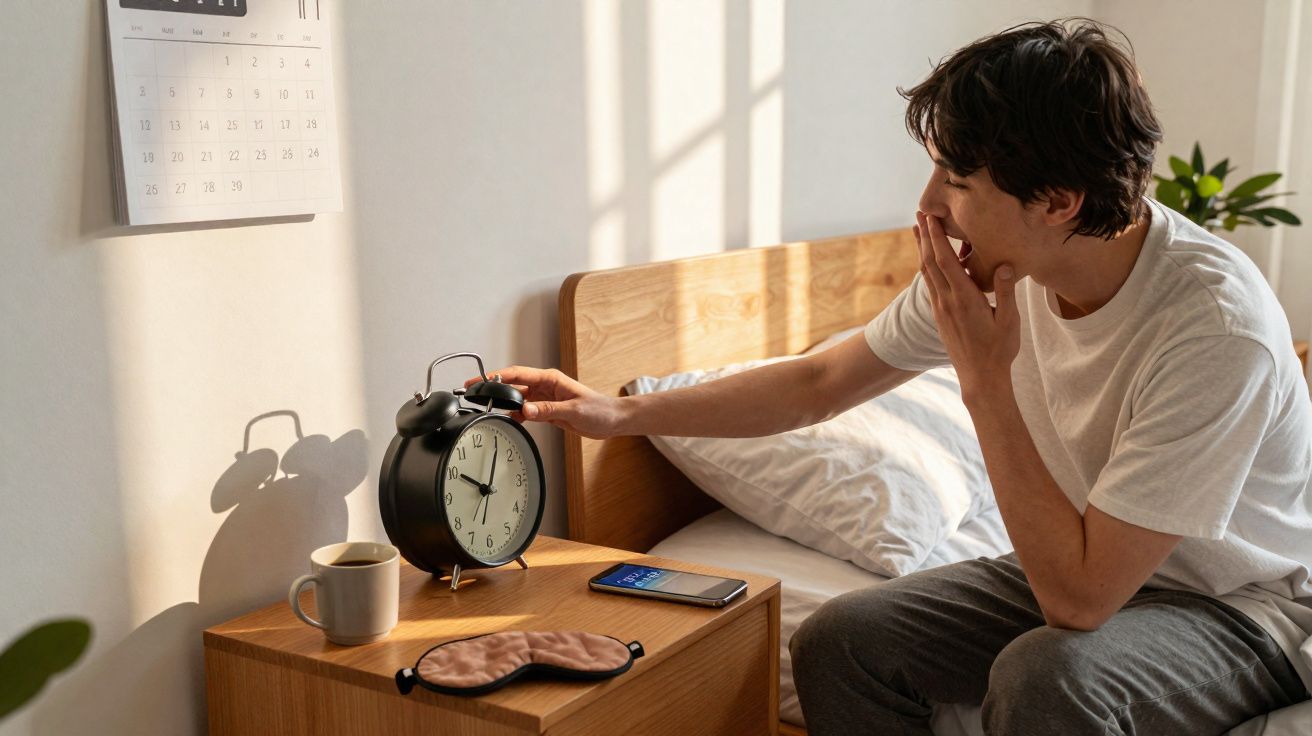 Homem com camisola branca acorda na cama e desliga o despertador numa mesa com café, máscara e telemóvel.
