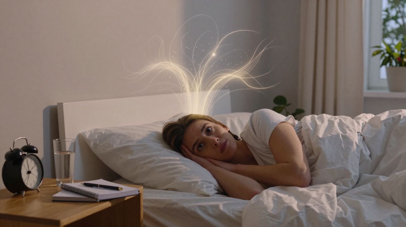 Mulher deitada na cama com expressão pensativa e luzes brilhantes saindo da cabeça simbolizando pensamentos.
