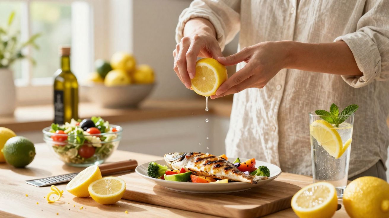 Pessoa a espremer limão sobre prato com peixe grelhado e legumes numa cozinha iluminada.