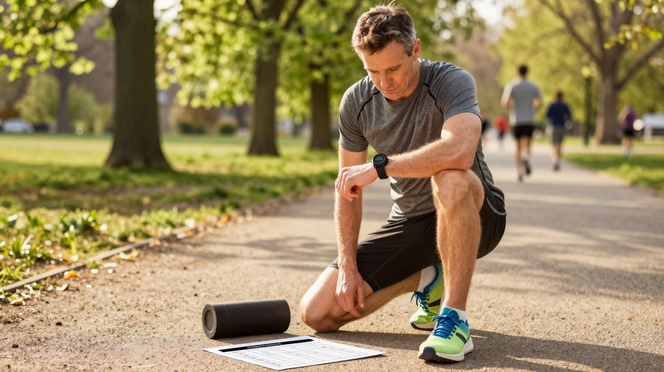 Homem ajoelhado num parque a consultar relógio desportivo, com rolo de espuma e plano de treino no chão.