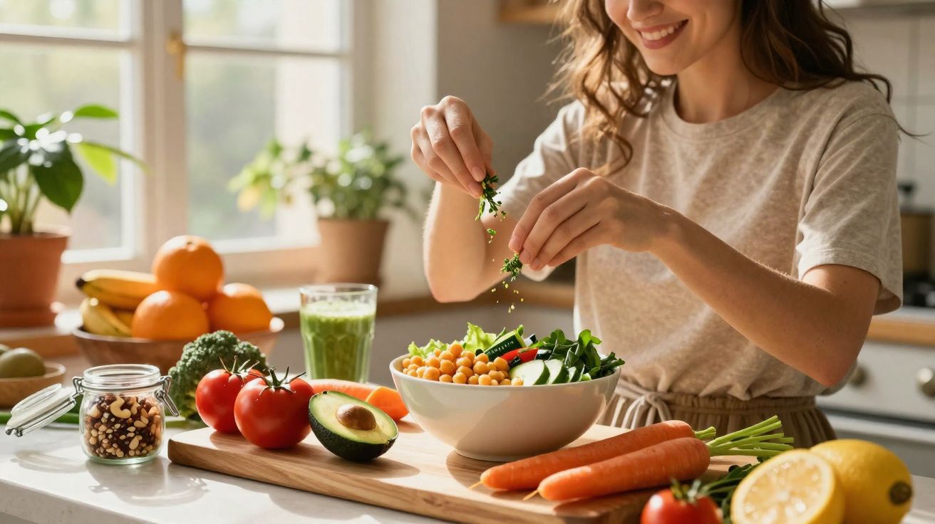 Mulher a preparar salada saudável com legumes frescos e vegetais numa cozinha iluminada pela luz natural.