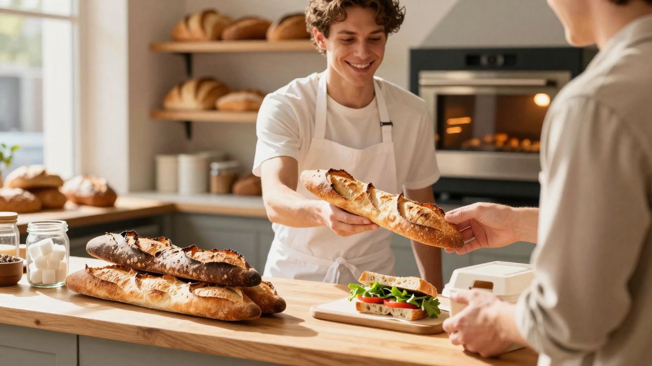 Jovem a servir baguete a cliente numa padaria com vários pães frescos em exposição.