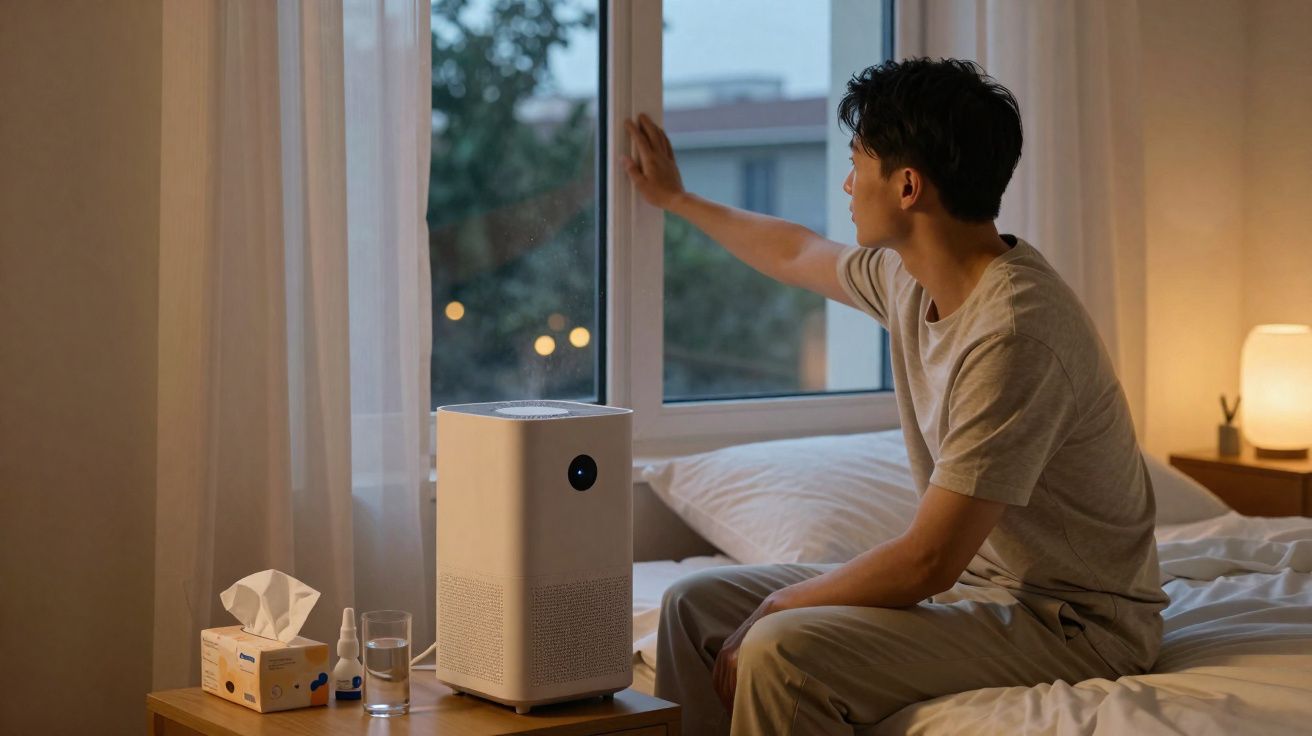 Homem sentado na cama a abrir ou fechar janela num quarto com purificador de ar na mesa de cabeceira.