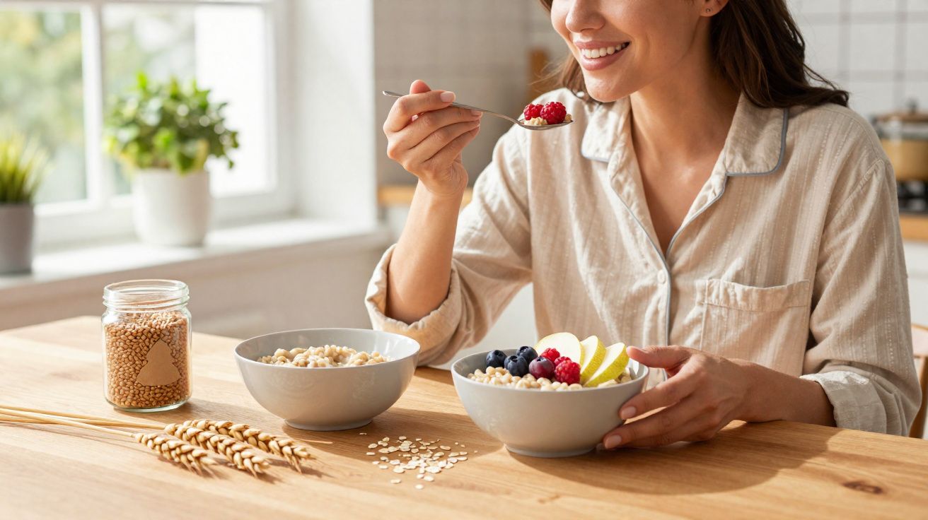 Mulher a sorrir enquanto come um pequeno-almoço saudável com frutos e cereais na cozinha.
