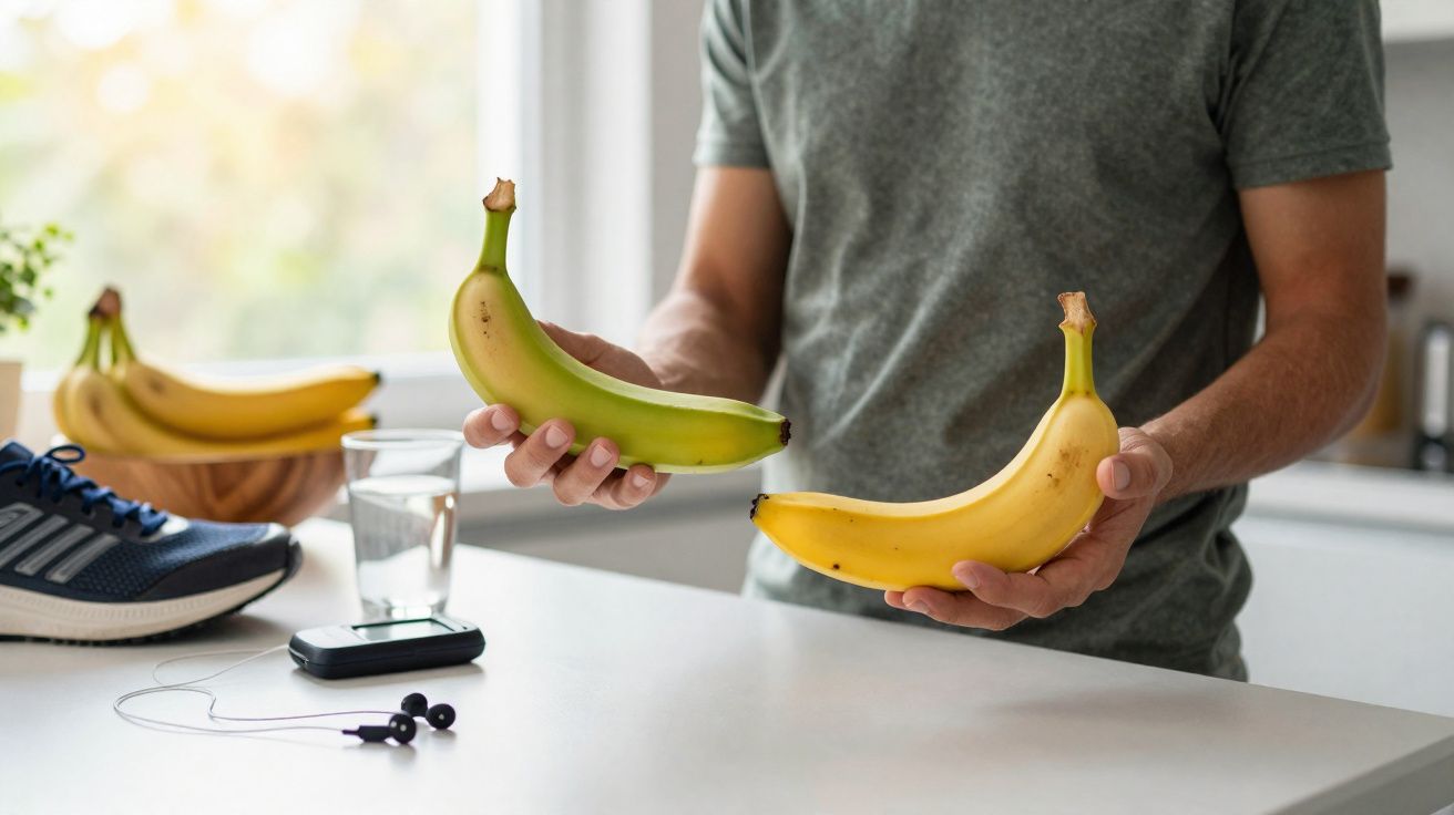 Pessoa segura uma banana verde e uma banana madura num ambiente de cozinha com luz natural.