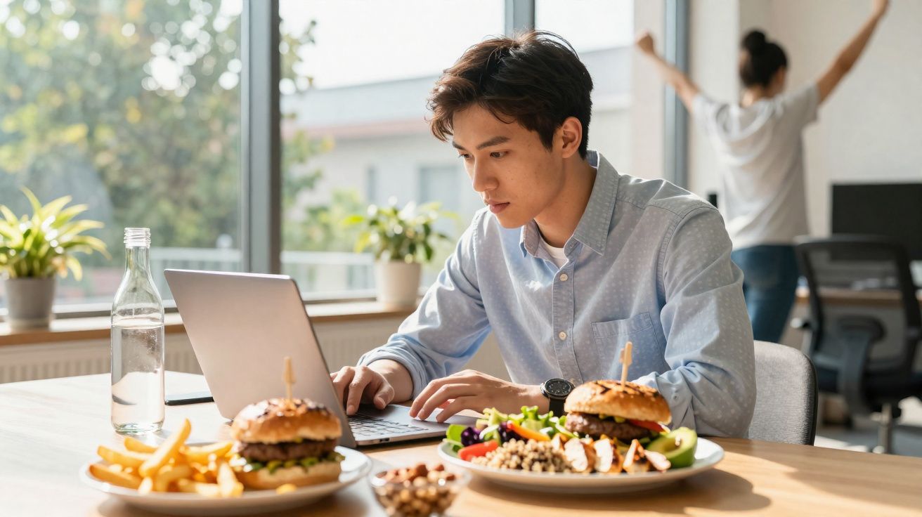 Homem a trabalhar no computador com refeições e snacks numa mesa à sua frente e mulher a espreguiçar-se ao fundo.