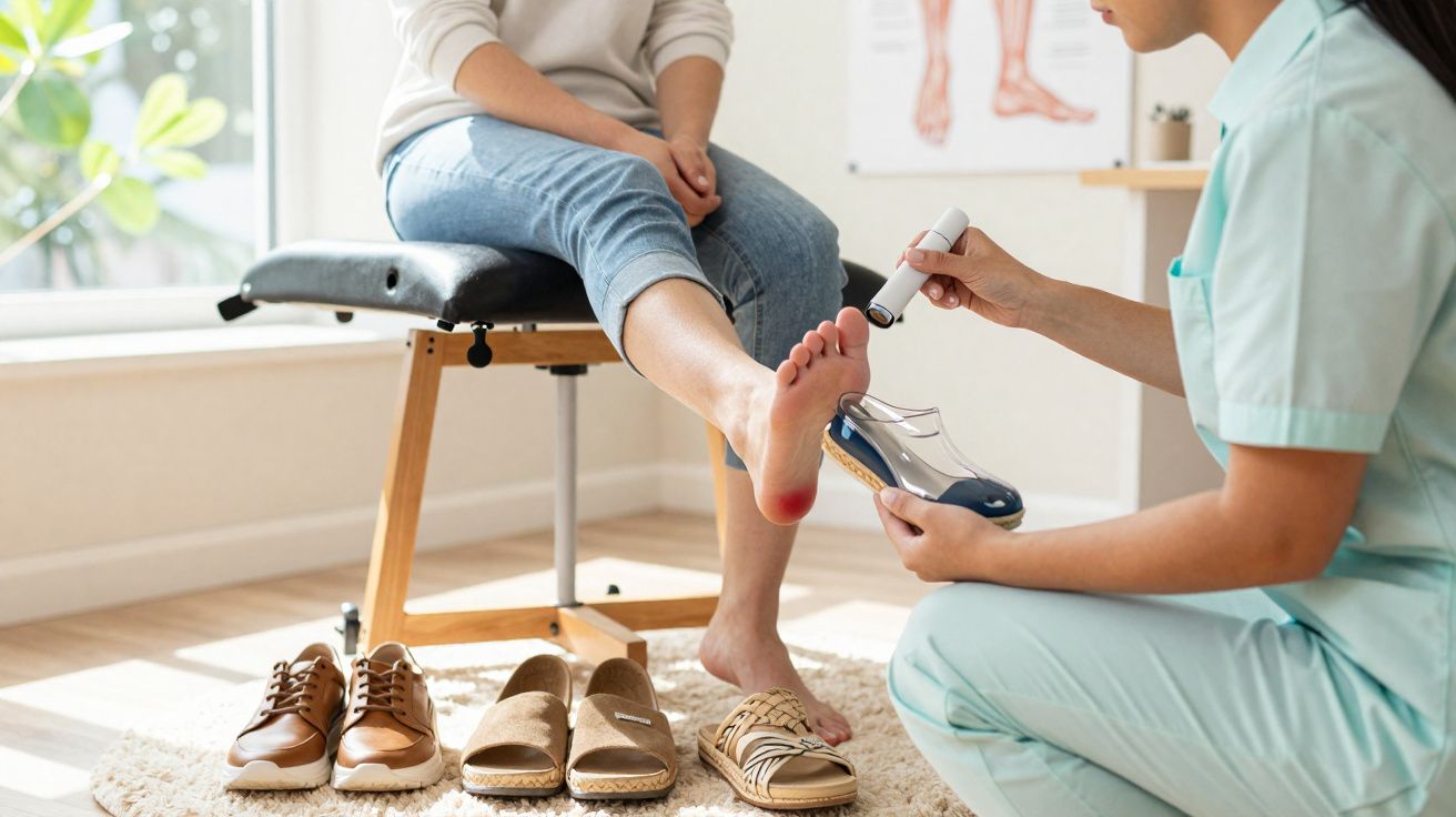Especialista em podologia examina calcanhar inflamado de paciente sentada com várias sandálias no chão.