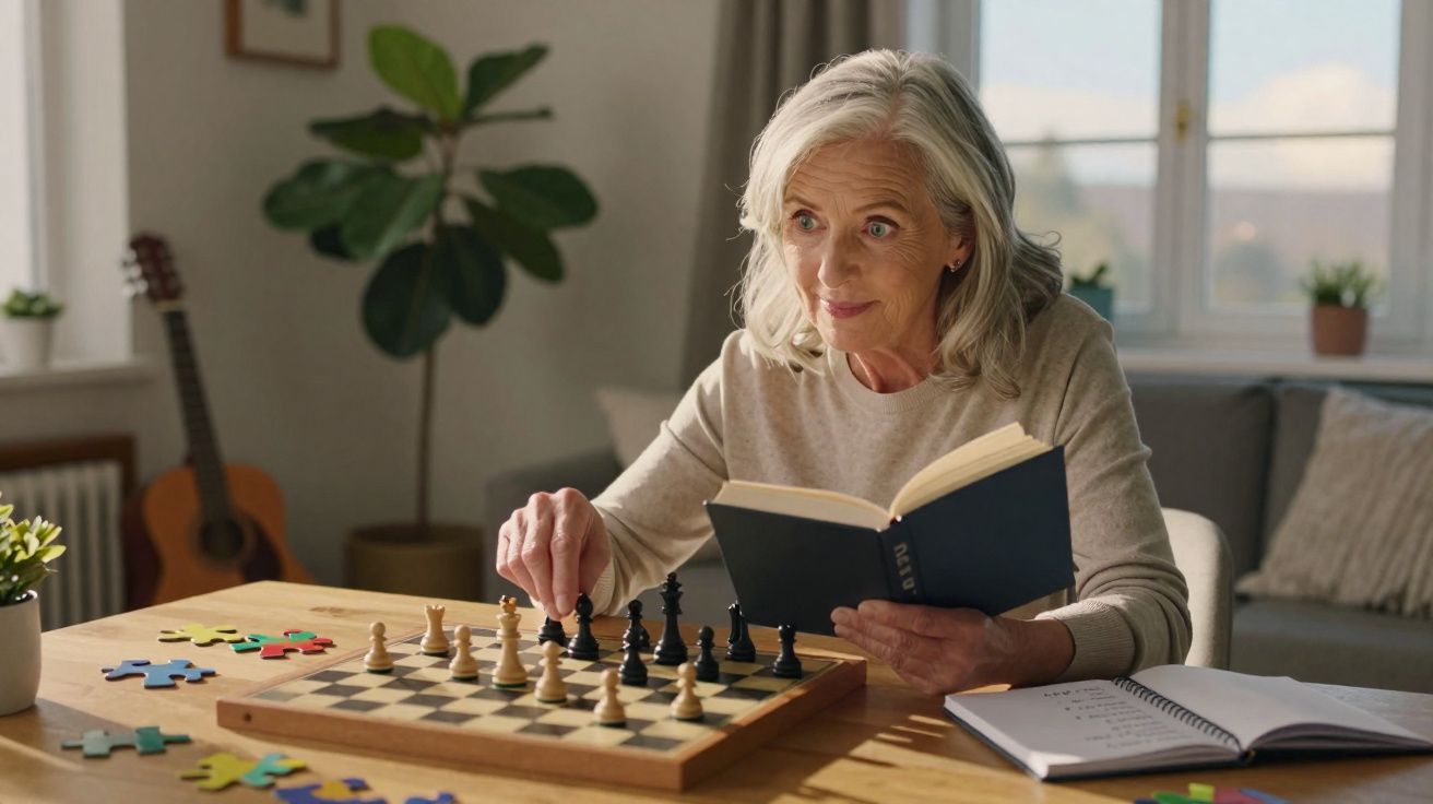 Mulher idosa a jogar xadrez enquanto lê um livro sentada numa mesa com peças de puzzle espalhadas.
