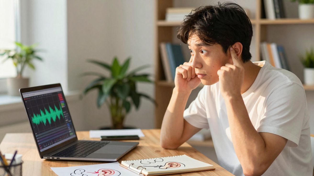 Jovem sentado à mesa a apontar para os seus ouvidos com laptop e desenhos de ouvidos à sua frente.