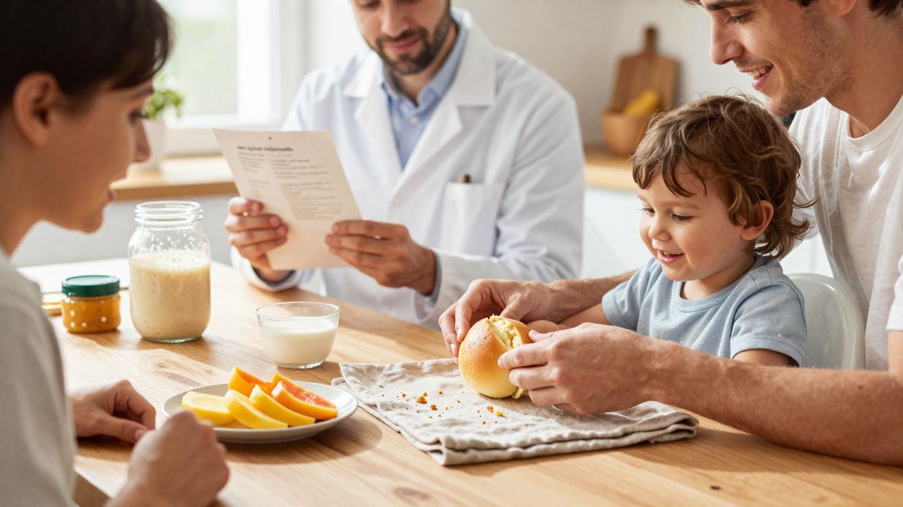 Criança e pai na mesa, mulher ao lado, e médico com bata branca a ler prescrição.