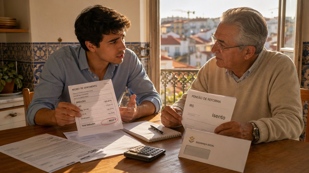Jovem e sénior discutem documentos financeiros numa mesa iluminada por luz natural junto a janela.