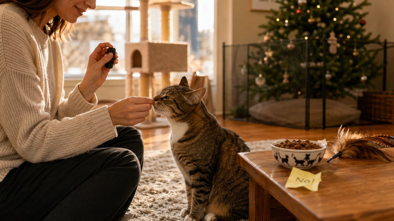 Mulher alimenta gato junto à árvore de Natal numa sala acolhedora e iluminada.