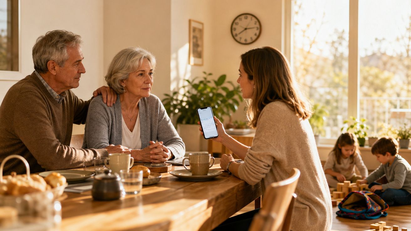 Pessoa jovem mostra telemóvel a casal sénior numa mesa de cozinha, com duas crianças a brincar ao fundo.