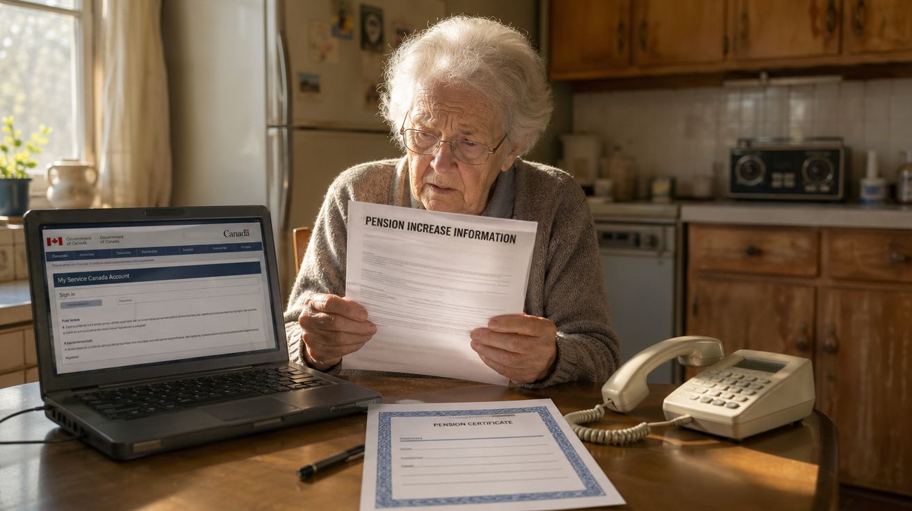 Idosa sentada à mesa a ler documento sobre aumento de pensão, com computador e telefone à frente.