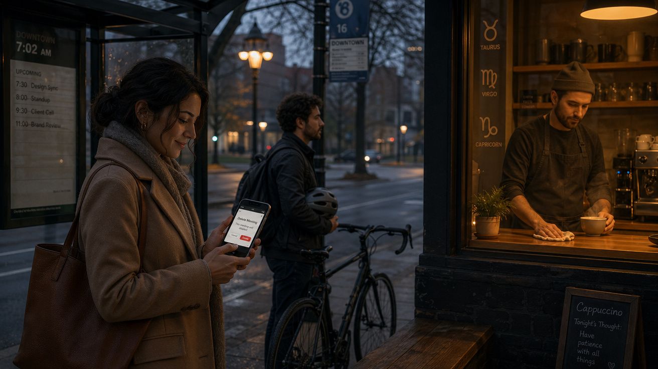 Mulher a usar telemóvel numa paragem de autocarro, e homem com bicicleta espera junto a uma cafetaria ao amanhecer.