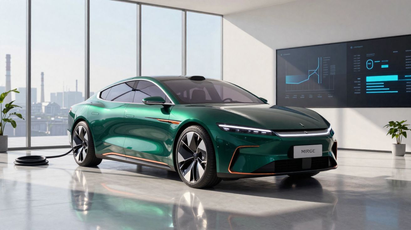 Carro elétrico verde a carregar numa garagem moderna com janelas amplas e painéis digitais na parede.