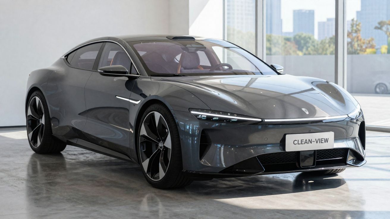 Carro desportivo elétrico cinzento em exposição, design moderno e linhas aerodinâmicas.