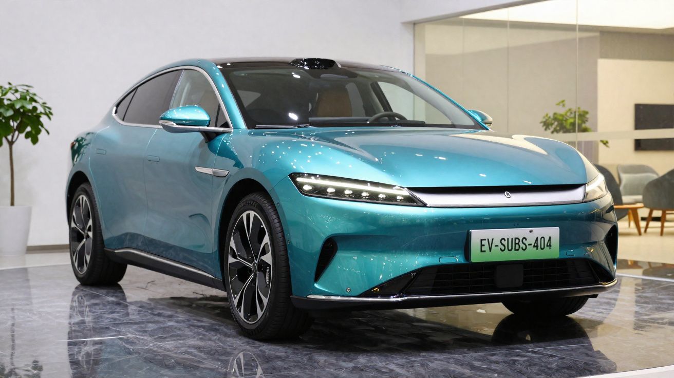 Carro elétrico desportivo azul metálico com design moderno exposto em espaço interior elegante.
